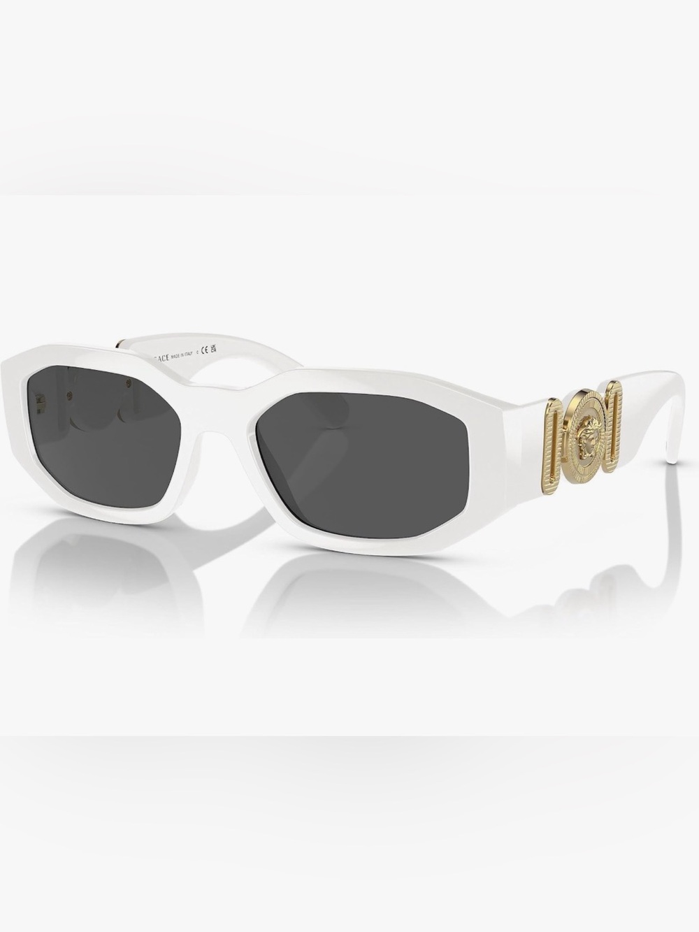 Versace White Sunglasses with Dark Gray Lenses and Gold Medusa Detail